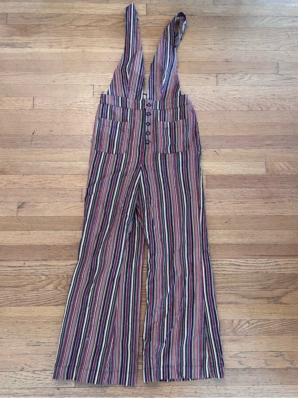 Moon River Striped Button-Front Wide-Leg Jumpsuit in Burgundy & Navy
